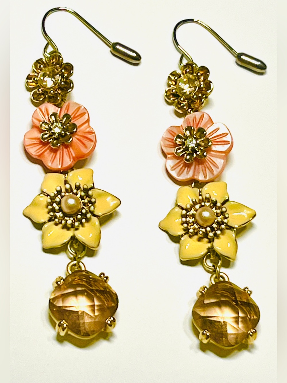 Golden Dangling Earrings Lilac Faceted Gems, Pink & Peach Flowers, Glass Pearls